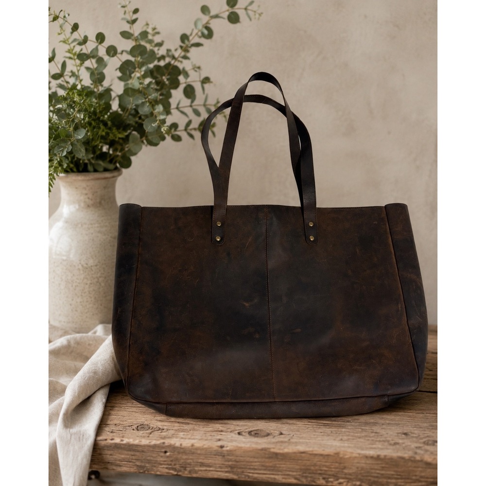 KomalC Leather Tote Bag Women L Brown Distressed Shoulder Shopper Handbag Work